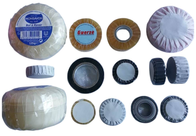 Pleat Wrapping Machine for round products, like soap, cheese, scotch tape, bearings