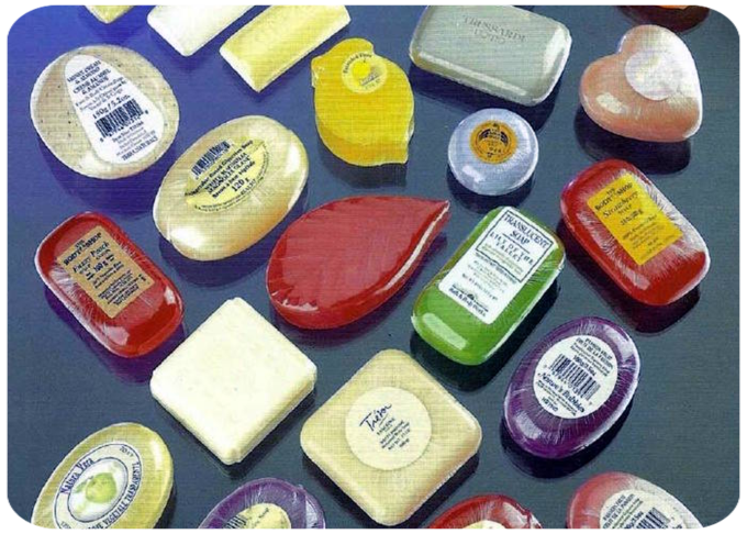 soap and product packed with stretch film wrapping machine